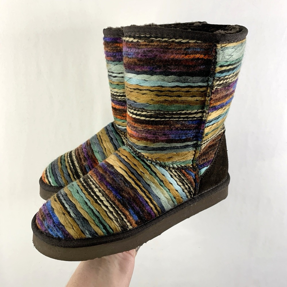 Lamo Womens Multicolored Textile Suede Boots Size 6M Faux Fur Lined Boho Rainbow